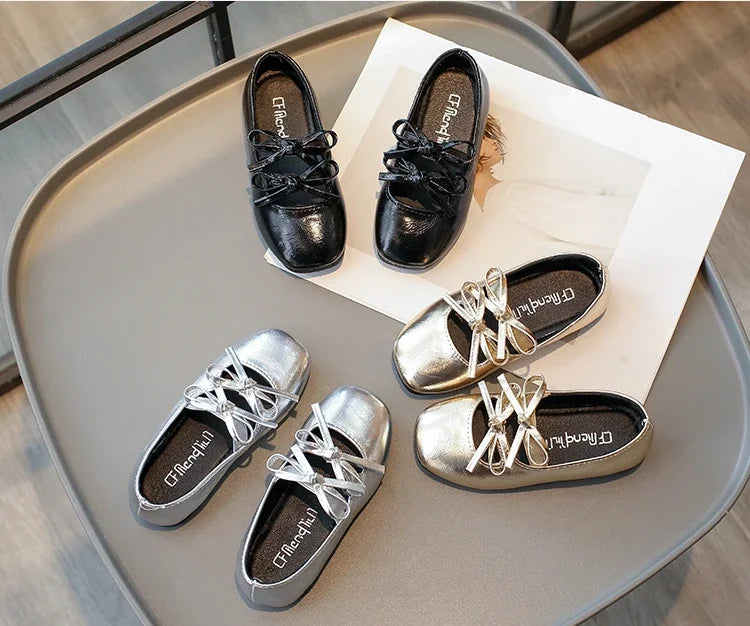 Elegant Girl Princess Shoes New Kids Leather Shoe Spring Autumn Children's Fashion Causal Black Ballet Shoes Solid Color Bowknot