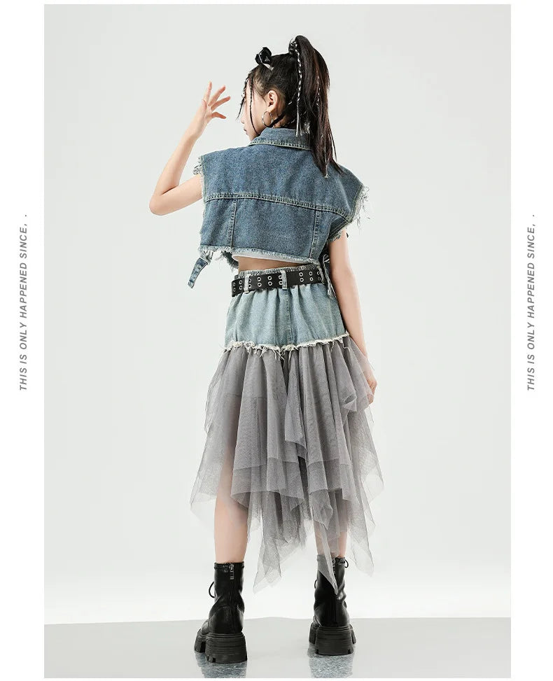 Girls Hip Hop Clothing Denim Sleeveless Jacket Vest Top Street Patchwork Mesh Skirt for Kids Jazz Dance Costume Clothes
