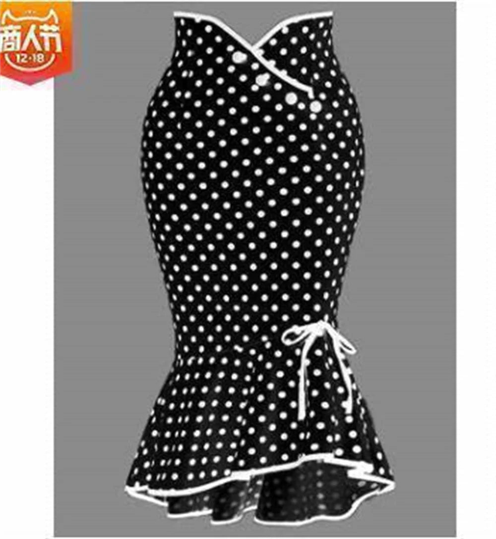 2025 Midi Skirt Womens Ruffles Bodycon Fishtail Skirt Retro Polka Dot Casual Party Pencil Skirt Midi Wrap Skirt Plus Size Skirts