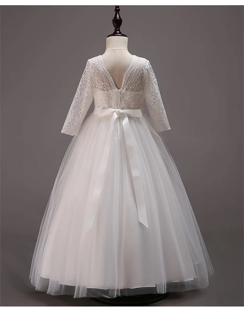 Elegant Dress For Teenage Girl Lace White Long Sleeve Wedding Princess Dresses For Children Prom First Communion Long Puffy Gown