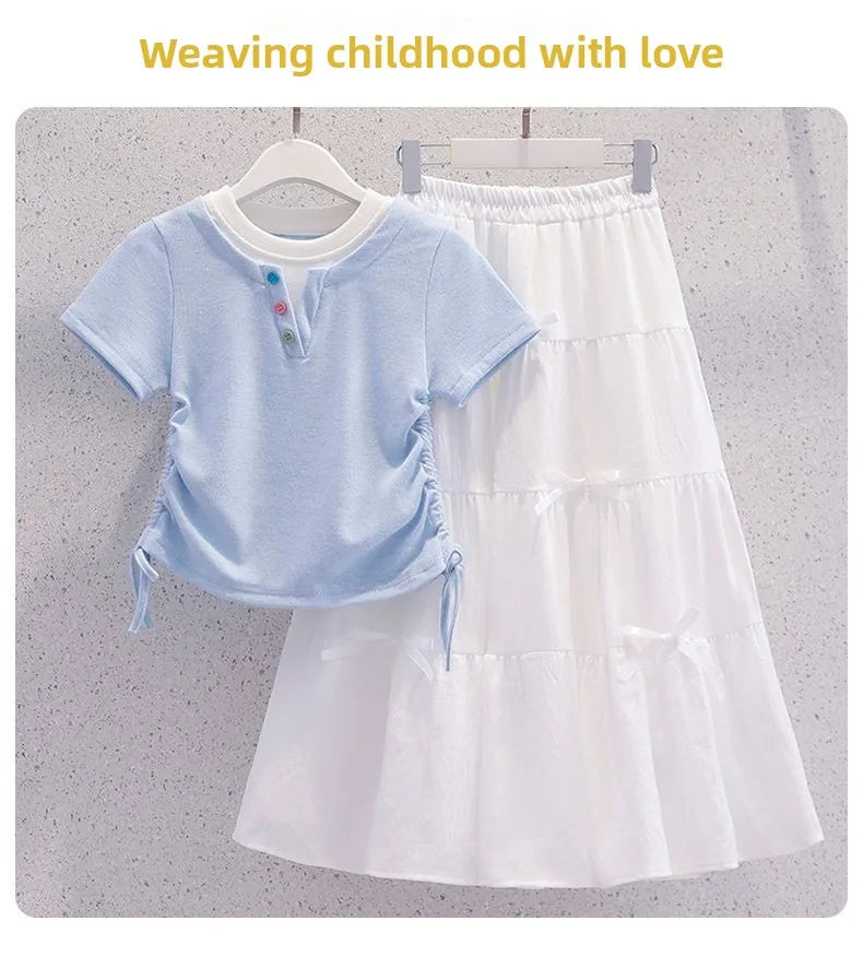 Summer Teenage Girls Clothes Set Children O-Neck Tshirt and Mid Skirt Suit Student School Short Sleeve Top Bottom Outfits