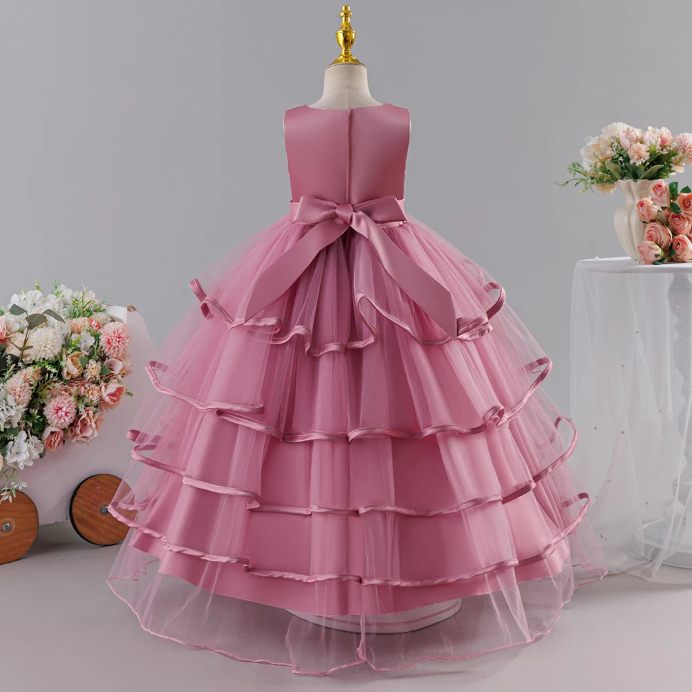 Girls Princess Dress Sleeveless Lace Embroidery Tiered Tulle Bow Formal Evening Gown for Wedding Birthday Party Christmas