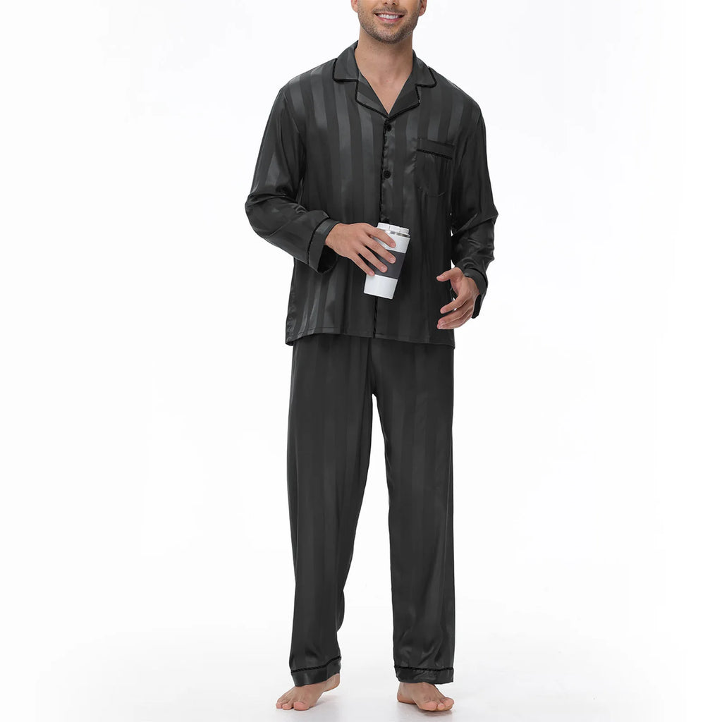 Men Pajamas Sleepwear 2PCS Set Navy Blue Stripes Long Sleeve Trouser Suits Home Clothes Male Loose Silk Satin Pijamas Loungewear