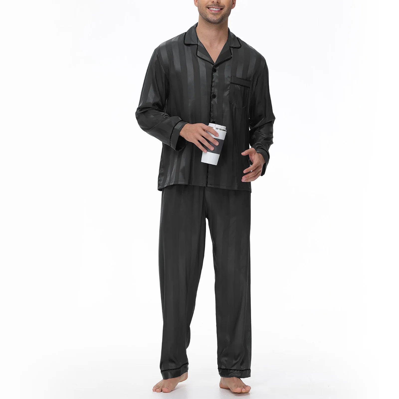 Men Pajamas Sleepwear 2PCS Set Navy Blue Stripes Long Sleeve Trouser Suits Home Clothes Male Loose Silk Satin Pijamas Loungewear