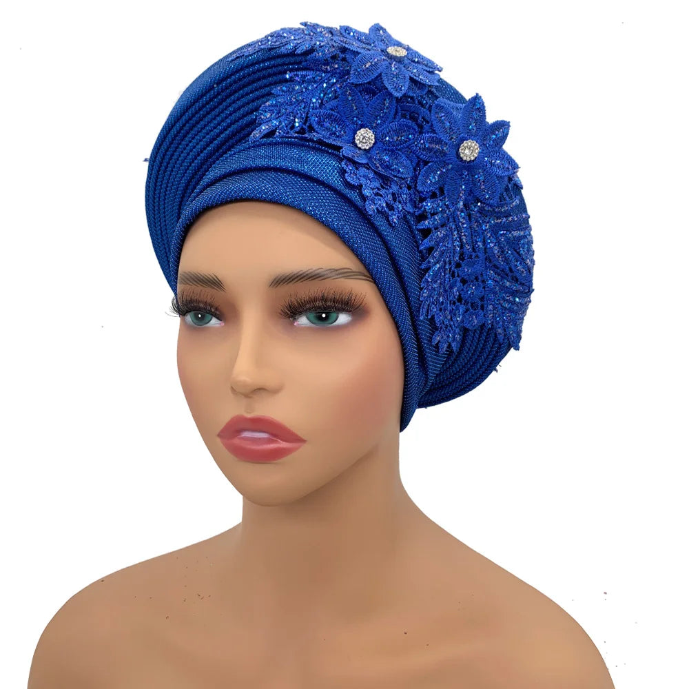 Elegant African Autogele Women's Turban Cap Nigeria Wedding Gele Ready to Wear Headtie with Embroidery Lace Party Headwear