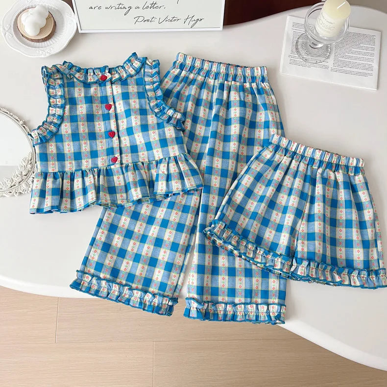 Girls 3-Piece Outfit Set – Blue Plaid Floral Sleeveless Top + Wide Leg Pants & Shorts, Summer Mix & Match Clothes