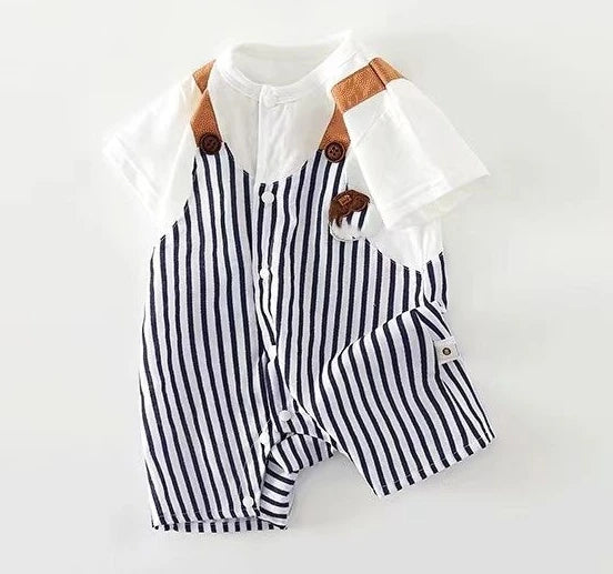 Somenie  Infant Summer Romper Thin Cloth Pure Cotton Boys' StripedFaux Two-piece Jumpsuit  Kids Homewear