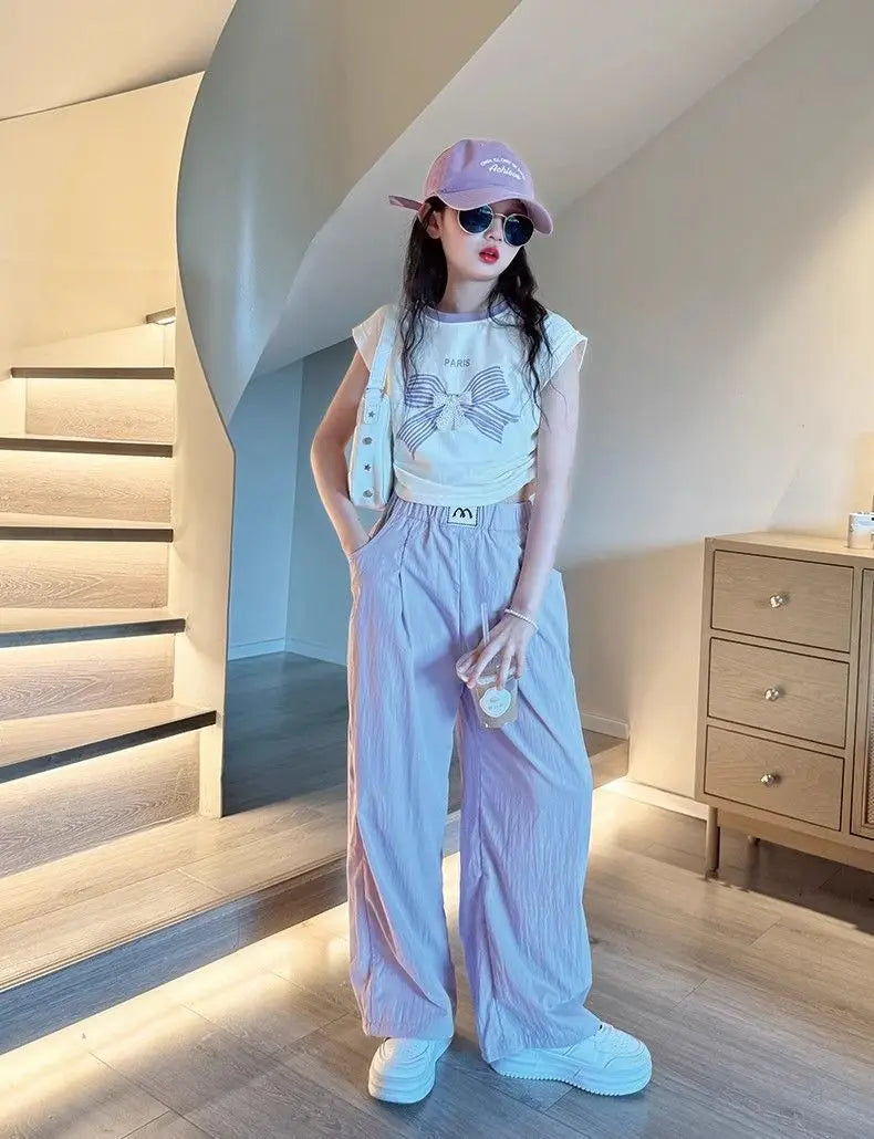 Teen Girls Summer Clothes Color Matching Cartoon T-shirt Trousers Two-piece Suit New Korean Style Sports Suit Children Outfit
