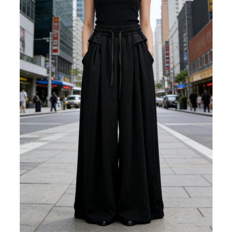 Women's Trousers New Fashion Solid Color High Waist Lace Up Thin Women's Wide Leg Pants Simple Drape Loose Casual Female Pants