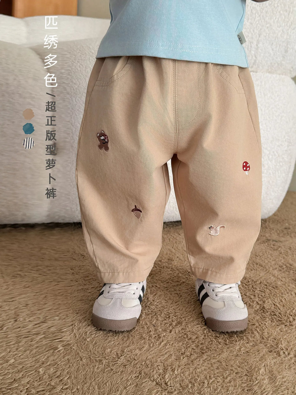 2026 Fall New Toddler Kids Pants Cotton Cartoon Embroidered Harem Pants Baby Boy Casual Striped Denim Baggy Trousers