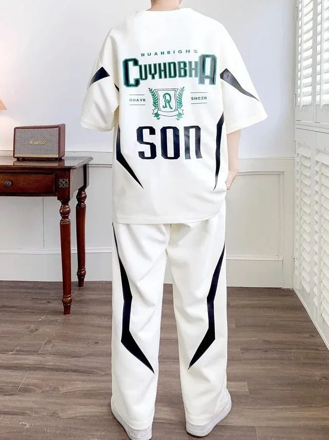 Male T Shirt Trousers Sets Smooth Sports Suits Alphabet Men's Pants Set Two-piece Outfits Xl Offer Korean Style Stylish Casual