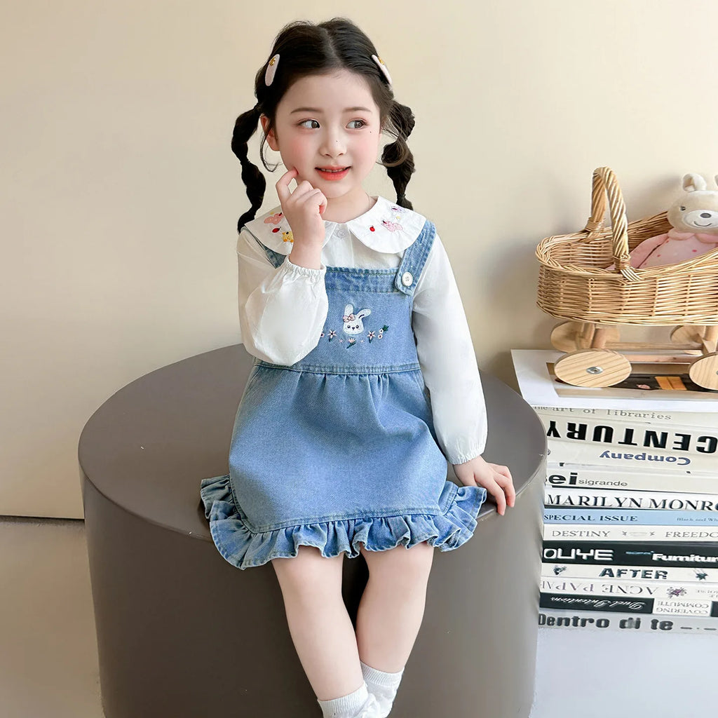 Girls Shirt Set Spring 2026 New Foreign Style Two-piece Set Baby Denim Strap Skirt