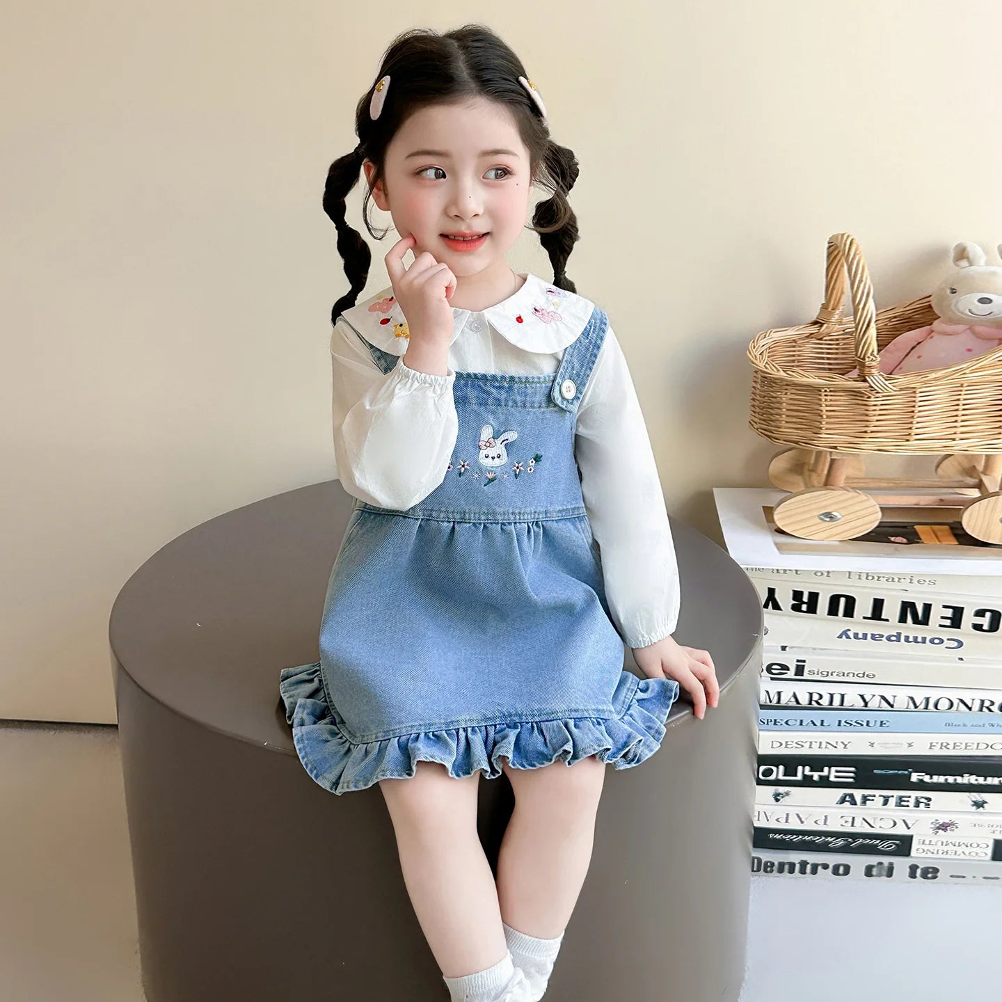 Girls Shirt Set Spring 2026 New Foreign Style Two-piece Set Baby Denim Strap Skirt