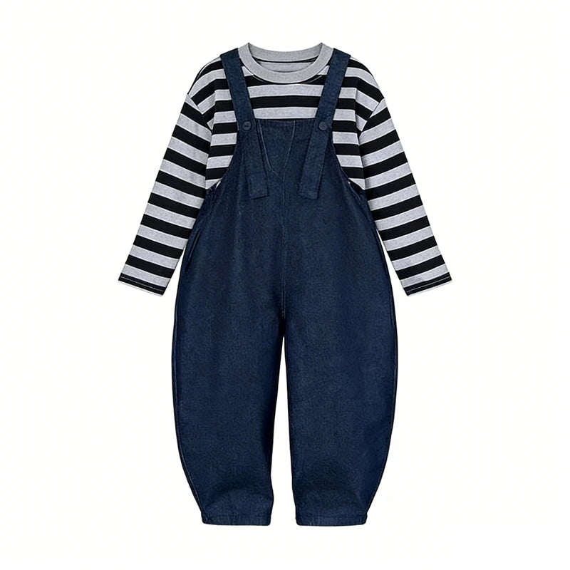 Girls 2 Piece Outfit Korean Style Kids Striped Long Sleeve T-shirt + Loose Denim Overalls Set Spring Autumn Children's Clothing