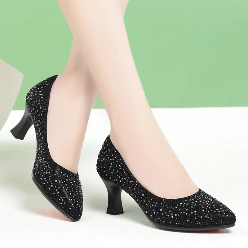 Genuine Leather Women's Shoes 2023 Spring New Single Leather Shoes Work Shoes Mid-high Heel All-match Ladies Women's Shoes