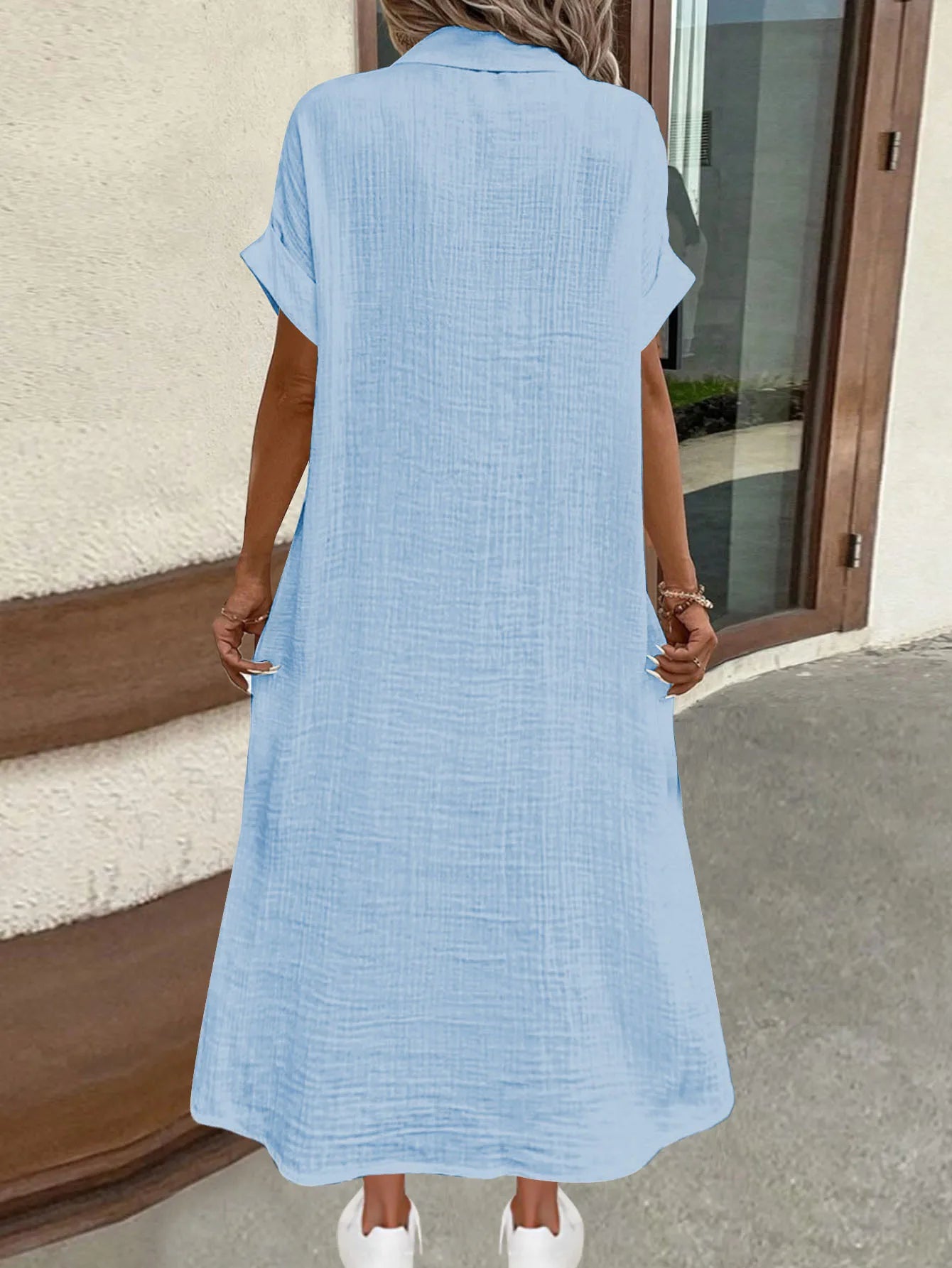 New European and American solid color shirt skirt spring and summer fashionable and comfortable women's short-sleeved long shirt