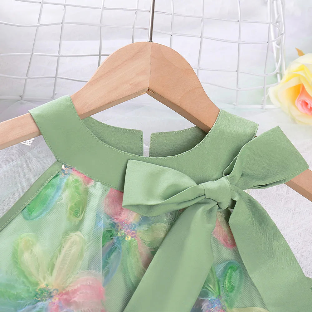 Summer Girls Dresses Children Clothes Sleeveless Round Neck Mesh Big Bow Princess Dress Kids Rainbow Flower Tutu Holiday Dress