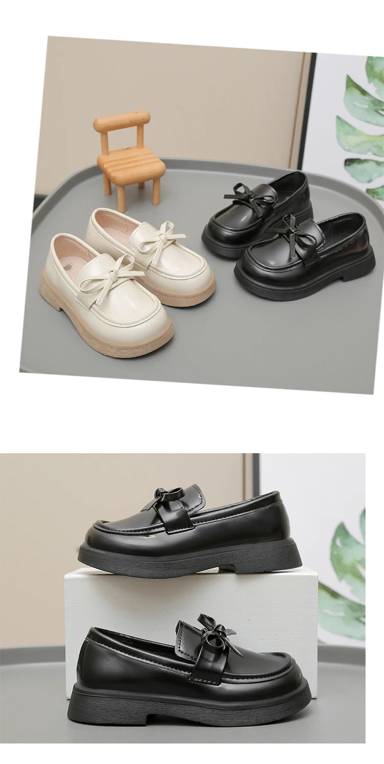 Girls Leather Shoes for Students School Uniform Shoes Black Matte 2025 New Fashion Children Flat Shoes Simple Bows Soft Sole