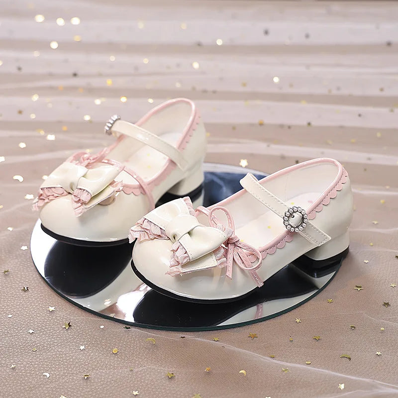 Girl Princess Shoes Spring 2026 New Bow French Heels Leather Shoe Sweet Lolita Party Dress Shoes Children's Mary Jane Size 26-36