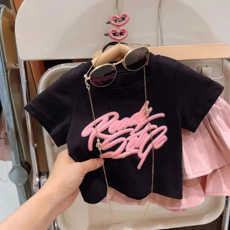 Girls Summer Clothes Girls Clothes 2 To 8 Years Cute Girls' 2-Piece Set with 3D New Letter Top and Ruffle Skirt for Summer