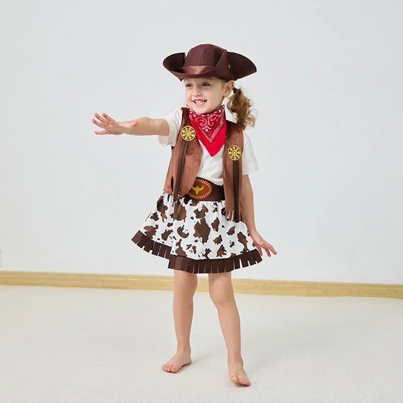 2025 Kids Toddlers costume cowgirls Cosplay 3pc suit purim event Holiday BIRTHDAY outfits Hat Scarf Shirt waist coat Skirt