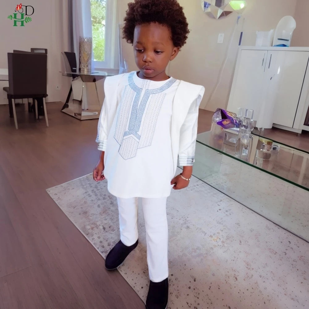 2025 New African Traditional Clothes For Kids Boy White Blue 3 PCS Set Long Sleeve Tops Embroidery Dashiki Robe Shirt Pant Child
