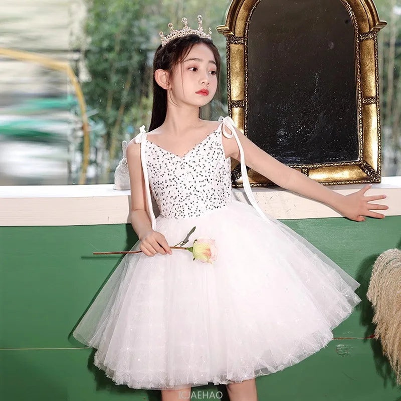 Teen Girl Clothes New Girls Strappy Tie Princess Dress Casual Fashion Kids School Event Host Gown Daily Wear Party Outfit Summer