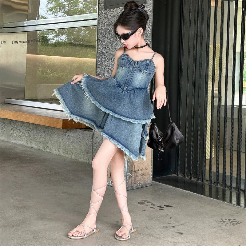 Teen Girls Denim Dresses Summer Sleeveless One-Piece Clothes Kids Jumpsuit Overalls Solid Color Dress Fashion Children's Costume
