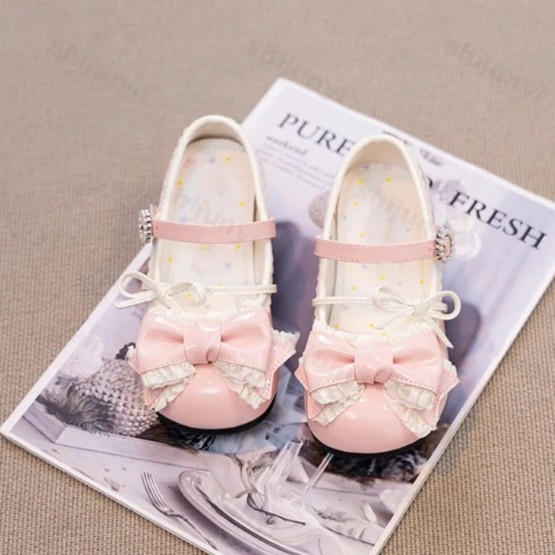 Girl Princess Shoes Spring 2026 New Bow French Heels Leather Shoe Sweet Lolita Party Dress Shoes Children's Mary Jane Size 26-36