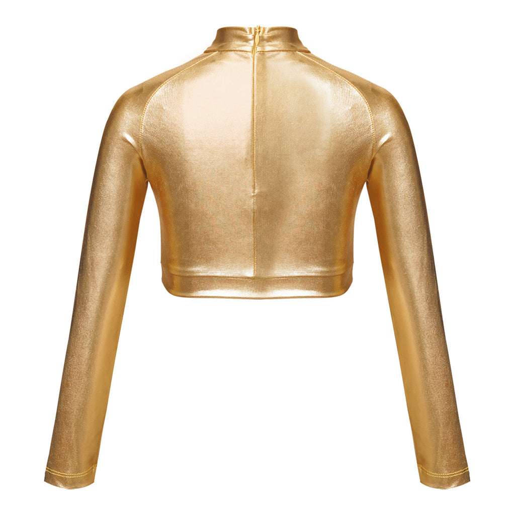 Kids Girls Shiny Metallic Crop Top Mock Neck Long Sleeve Front Sequin Fully Lined Athletic T-Shirts Jazz Hip-hop Dance Tops