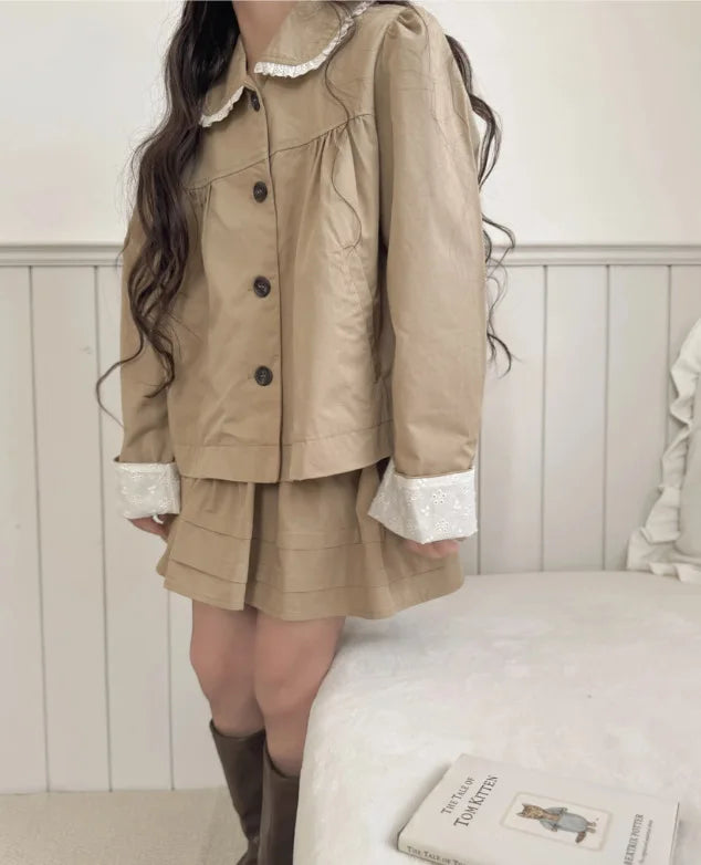 2025 Japanese Girls' Spring and Autumn Cotton Casual Ruffle Collar Jacket, Half Skirt, Children's Forest Two-piece Set