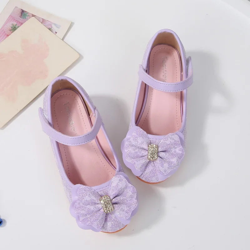 Elegant Girl High Heel Shoes for Princess 2026 New Children's Baby Fashion Party Shoes Sweet Bowknot Kids Sequins Leather Shoes