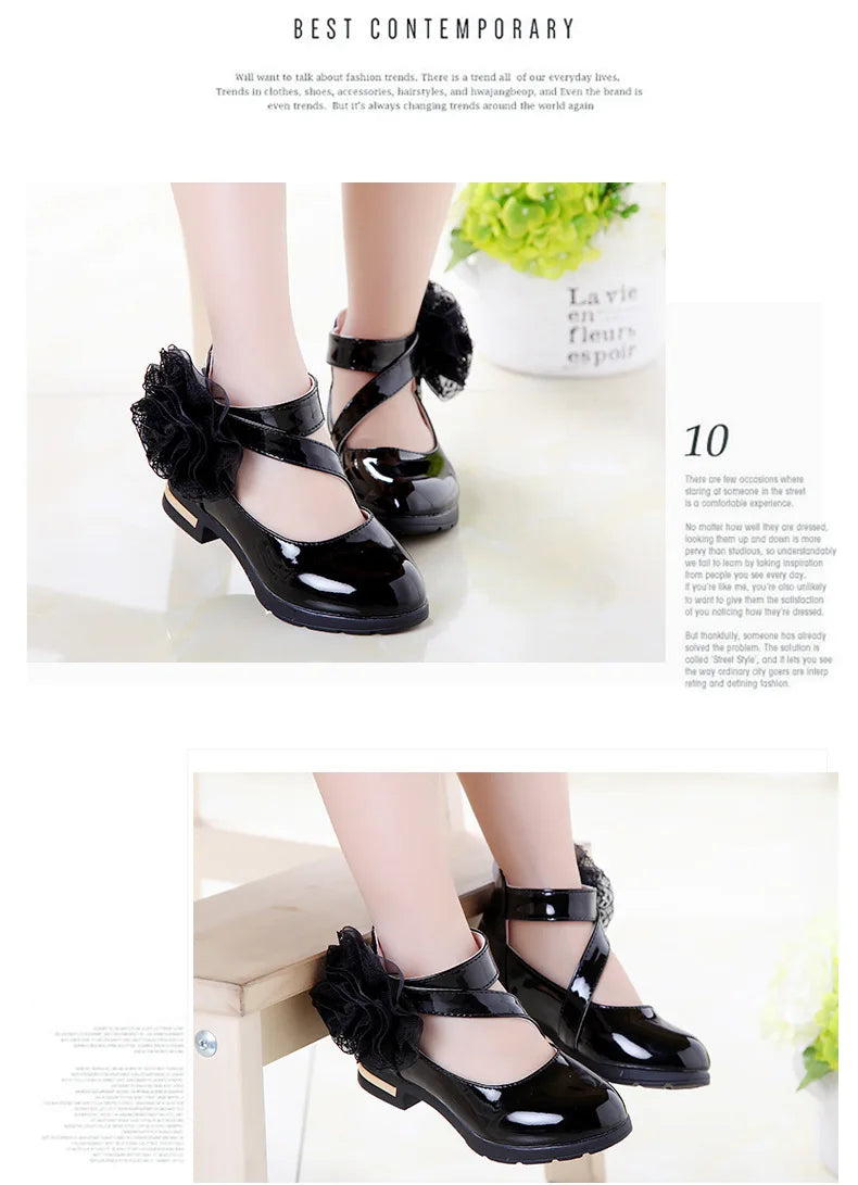 Girls Leather Shoes for Party Wedding Kids Performance Shoes with Butterfly-knot Fashion Children High Heels Rhinestone Shoes