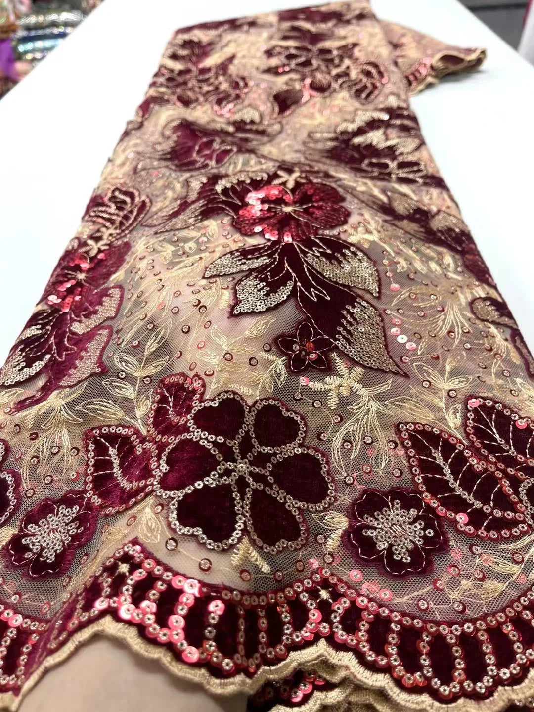 1 Yards African Velvet Tassel Lace Fabric with Intricate Embroidery Laser Cut Traditional Nigerian Attire Drapes Designs Sewing