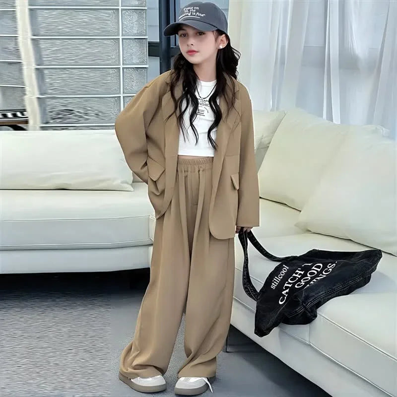 Girls Blazer Set Spring Autumn Fashion Loose Fit Jacket Trousers 2-Piece Kids Casual Outfit Trendy School Children Clothes Suit
