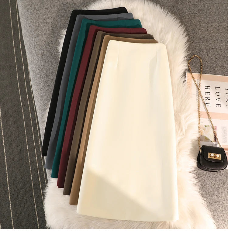 Elegant Office Ladies Work Suit Straight Skirt Women Autumn Winter Korean Fashion High Waist Split Business Midi Long Skirts