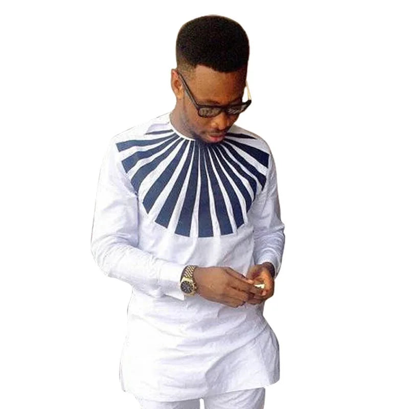 Nigerian Fashion White Men's Shirts O-Neck Modern Design Sector Patchwork Tops Customized African Wedding Party Wear