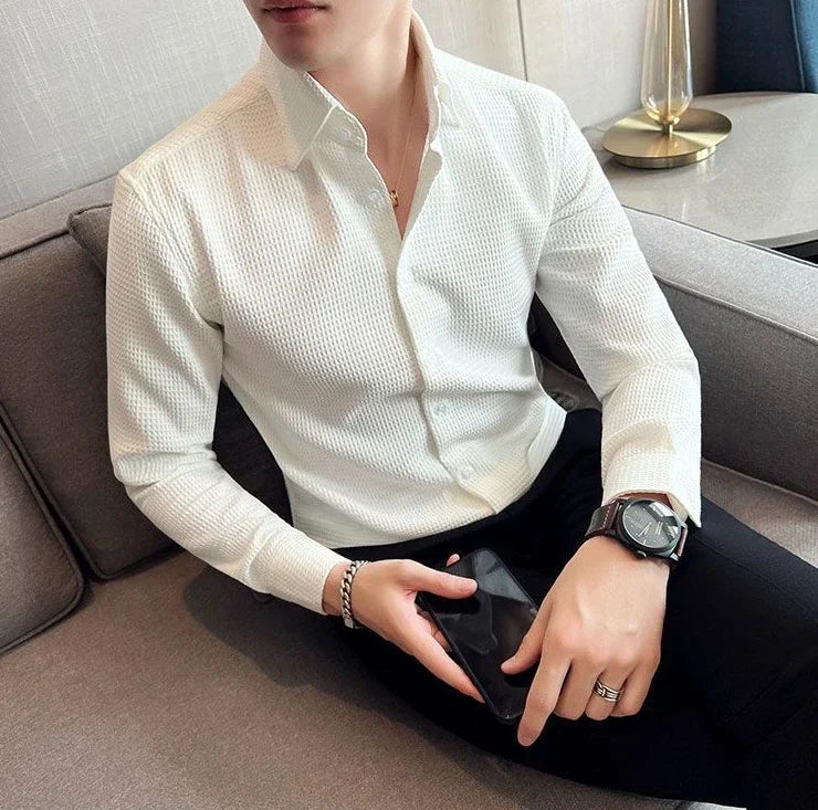 Male Shirts Green Plain Men's Shirt Business Waffle Designer Fashion 2025 Hipster Regular Elegant Slim Fit Cheap Brand Social I