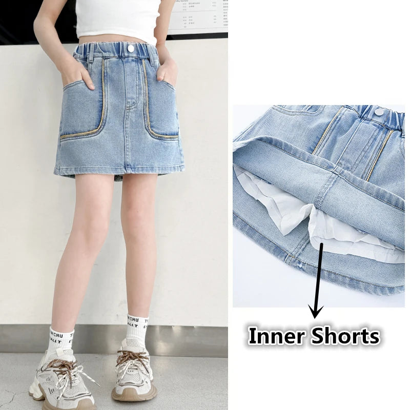 Korean Style Children Denim Mini Skirt with Inner Shorts For Girls Fashion Streetwear Summer Slim Fit Skirts with Pockets Front
