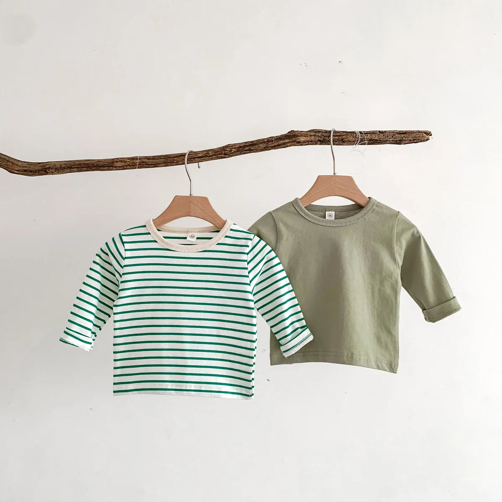 Infant Clothes Toddler Boy Cotton Long Sleeves T-shirts Spring Autumn Outfits Girl Baby Solid Bottoming Shirt Kid Striped Tees