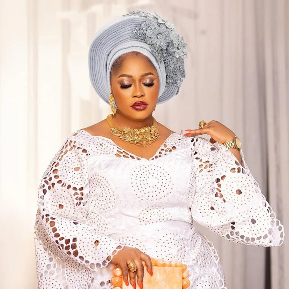 Elegant African Autogele Women's Turban Cap Nigeria Wedding Gele Ready to Wear Headtie with Embroidery Lace Party Headwear