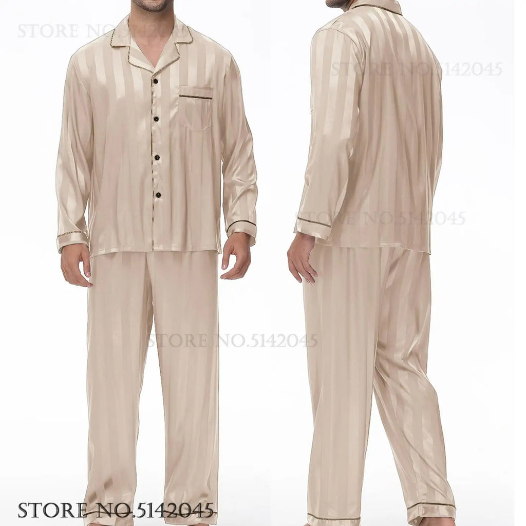 Men Pajamas Sleepwear 2PCS Set Navy Blue Stripes Long Sleeve Trouser Suits Home Clothes Male Loose Silk Satin Pijamas Loungewear