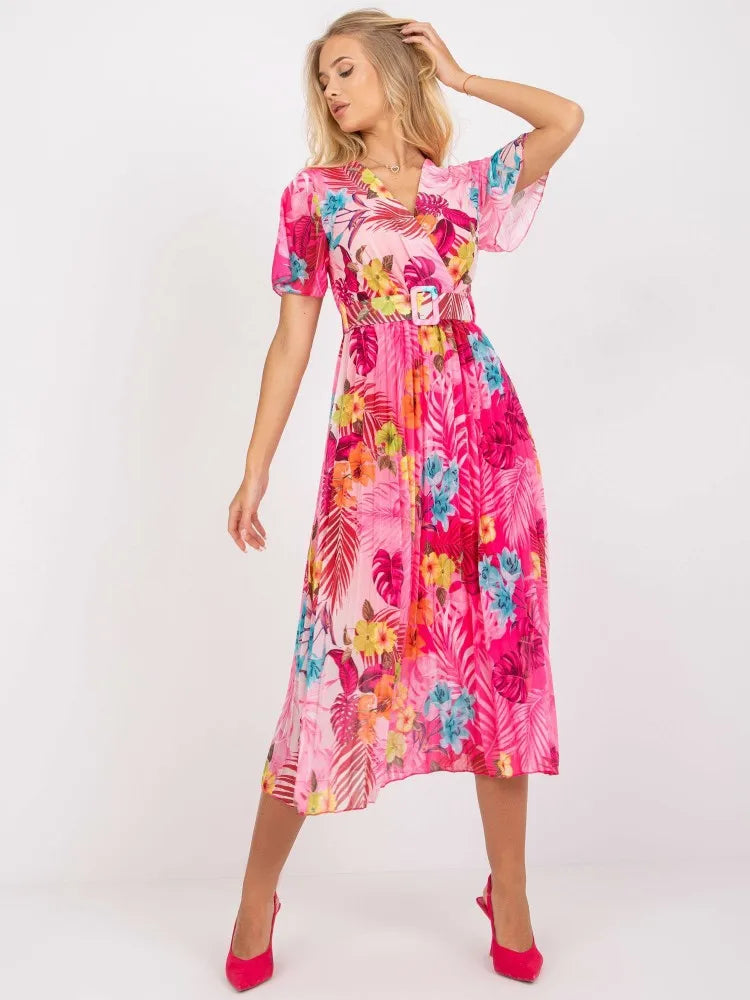 Women's Summer Dress New Summer V-neck Dress Women's Printed High Waist Pleated Skirt Fashion Holiday Party Dress Dresses Robe