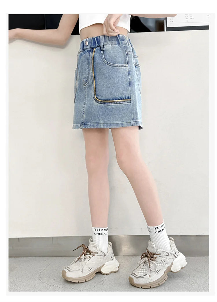 Korean Style Children Denim Mini Skirt with Inner Shorts For Girls Fashion Streetwear Summer Slim Fit Skirts with Pockets Front