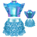 Kid Girls Hip Hop Dance Clothes Kids Jersey Sequin Tiered Skirt Long Tank Top Jazz Metallic Holographic Crop To Cheerleading Set