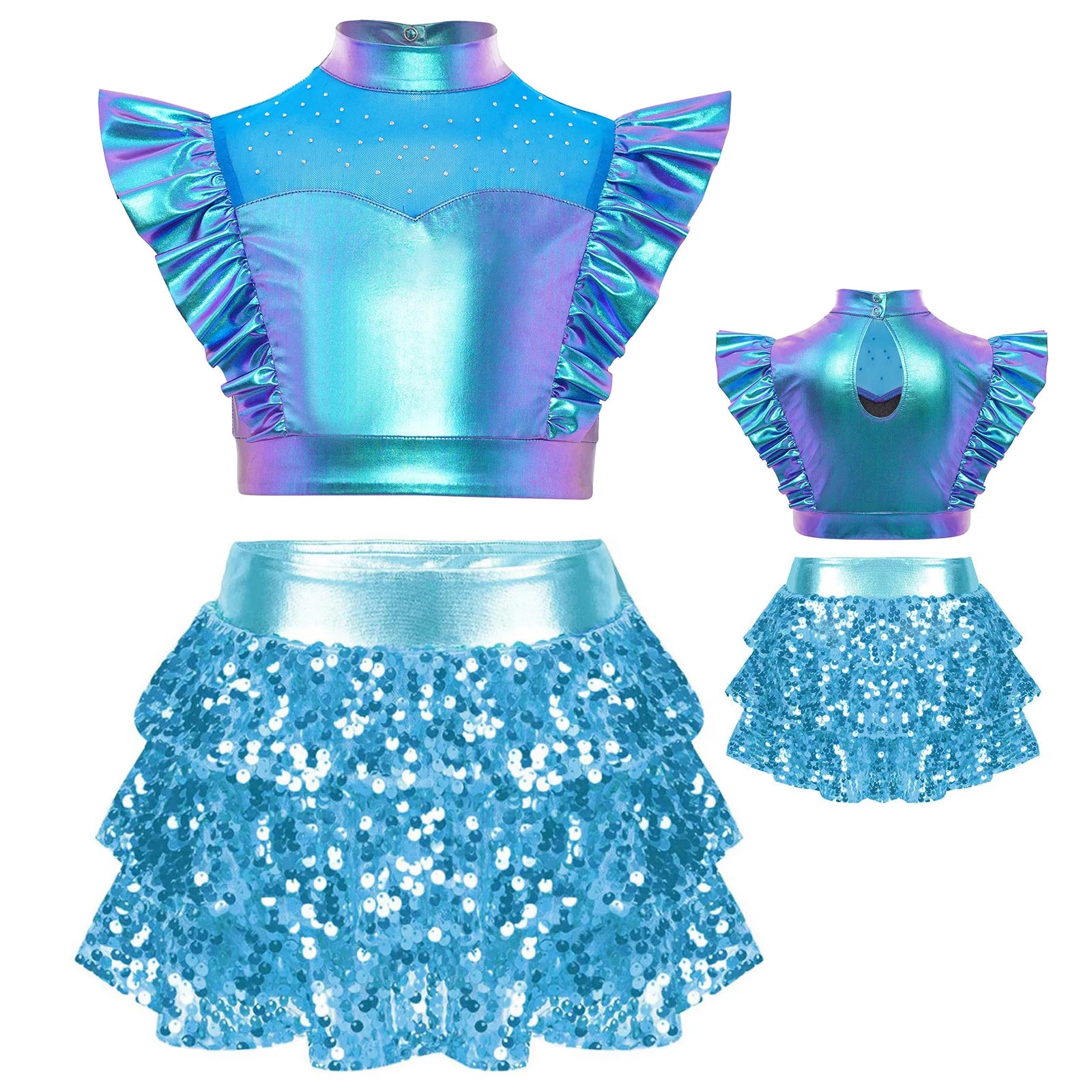 Kid Girls Hip Hop Dance Clothes Kids Jersey Sequin Tiered Skirt Long Tank Top Jazz Metallic Holographic Crop To Cheerleading Set