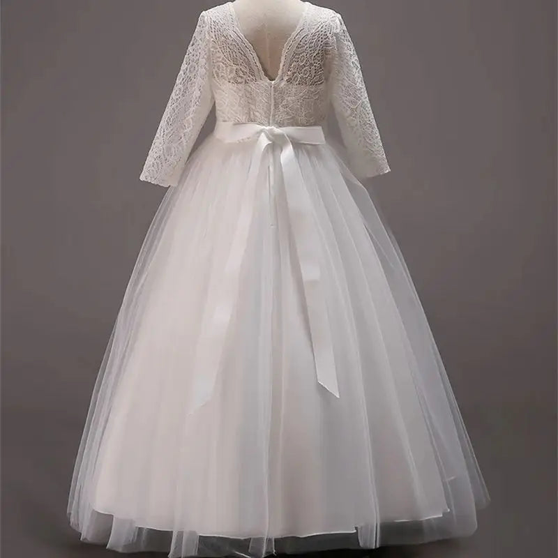Elegant Dress For Teenage Girl Lace White Long Sleeve Wedding Princess Dresses For Children Prom First Communion Long Puffy Gown
