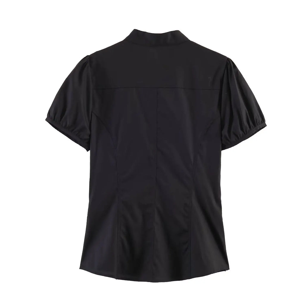 Women Sexy V-Neck Single Breasted Crop Shirts 2026 Summer Female Chic Bow Lace-Up Puff Sleeve Slim Shirts Y2K Girl Cute Shirt