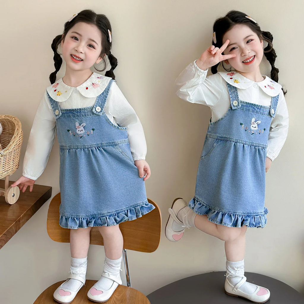 Girls Shirt Set Spring 2026 New Foreign Style Two-piece Set Baby Denim Strap Skirt
