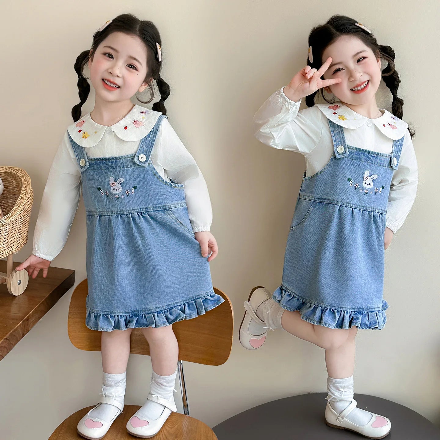 Girls Shirt Set Spring 2026 New Foreign Style Two-piece Set Baby Denim Strap Skirt